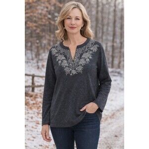 J.Jill Gray Embroidered Top Pullover Women's Size XL V-Neck Long Sleeve Fall